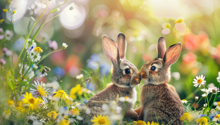 Two cute bunnies in love, surrounded by colorful spring flowers, in the background a blurred meadow with daisies and wildflowers, copy space for text, close-up shot, stock photo. --ar 7:4 --v 6 Job ID: da7c7047-8221-4c3c-b62f-da2abd76deecの素材