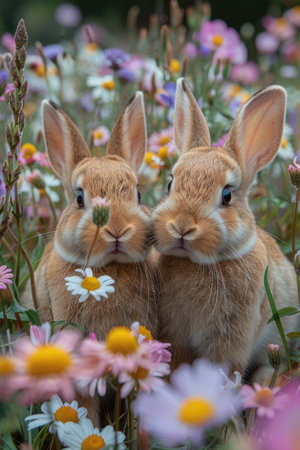 Two cute bunnies in love, surrounded by colorful spring flowers, in the background a blurred meadow with daisies and wildflowers, copy space for text, close-up shot, stock photo. --ar 2:3 --stylize 1000 --v 6 Job ID: 39efc51c-9879-4c25-ba67-4c86922d7d7bの素材