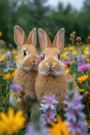 Two cute bunnies in love, surrounded by colorful spring flowers, in the background a blurred meadow with daisies and wildflowers, copy space for text, close-up shot, stock photo. --ar 2:3 --stylize 1000 --v 6 Job ID: acc723ed-ba39-44d1-95ca-dc0f3ed9d4f5の素材