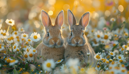 Two cute bunnies in love, surrounded by colorful spring flowers, in the background a blurred meadow with daisies and wildflowers, copy space for text, close-up shot, stock photo. --ar 7:4 --stylize 750 --v 6 Job ID: 4a65b482-9c3b-450c-8029-febc53318b1aの素材