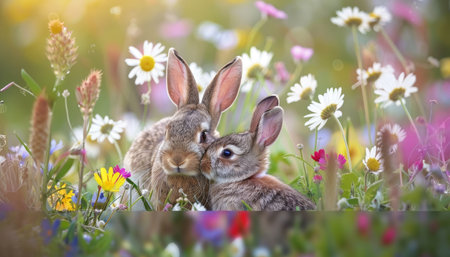 Two cute bunnies in love, surrounded by colorful spring flowers, in the background a blurred meadow with daisies and wildflowers, copy space for text, close-up shot, stock photo. --ar 7:4 --v 6 Job ID: f24ca44b-3b52-4059-b94c-23aa69819debの素材