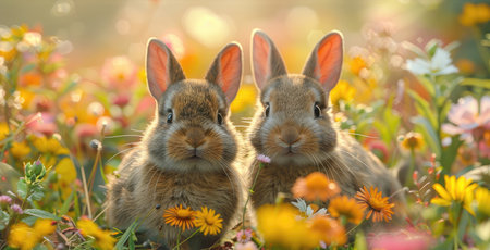 Two adorable brown rabbits sit together in a vibrant field of colorful wildflowers, bathed in sunlight.の素材