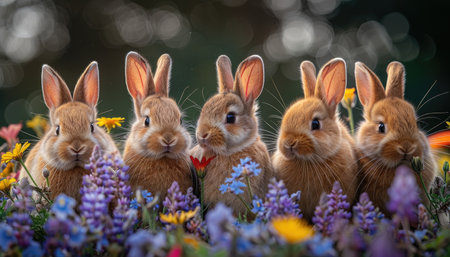 Two cute bunnies in love, surrounded by colorful spring flowers, in the background a blurred meadow with daisies and wildflowers, copy space for text, close-up shot, stock photo. --ar 7:4 --stylize 1000 --v 6 Job ID: 5ea17609-ae68-41d4-89ea-12f6bb1ad473の素材