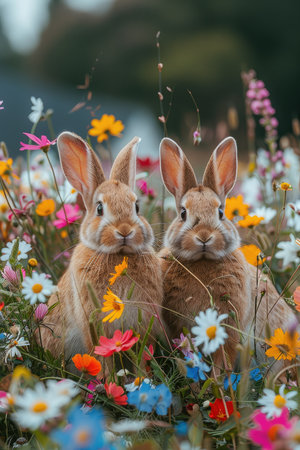 Two cute bunnies in love, surrounded by colorful spring flowers, in the background a blurred meadow with daisies and wildflowers, copy space for text, close-up shot, stock photo. --ar 2:3 --stylize 1000 --v 6 Job ID: d191d6a7-7e45-4b70-850e-7dad3aea6eecの素材