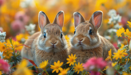 Two cute bunnies in a flower meadow, adorable animals, colorful background, high resolution, high detail, photorealistic. --ar 7:4 --stylize 1000 --v 6 Job ID: 38830880-6749-40fb-b3f3-b5523c783d09の素材