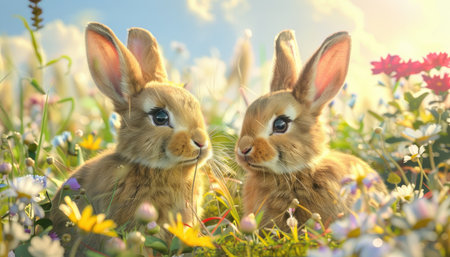 Two cute bunnies in a flower meadow, adorable animals, colorful background, high resolution, high detail, photorealistic. --ar 7:4 --v 6 Job ID: f34edac4-5243-490f-8eda-216ee5cf82c5の素材