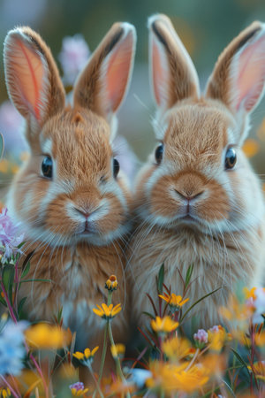 Two cute bunnies in a flower meadow, adorable animals, colorful background, high resolution, high detail, photorealistic. --ar 2:3 --stylize 1000 --v 6 Job ID: 31e25508-cb97-425e-ba61-cc1e1b92fd4cの素材