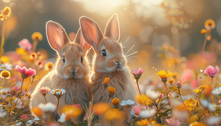 Cute little bunnies in the meadow with colorful flowersの素材