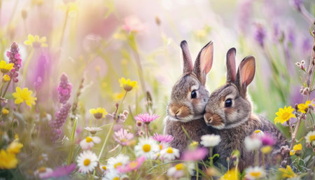 Rabbits in the meadow with wildflowers. Easter backgroundの素材