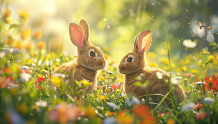 Rabbits in the meadow with flowers. Easter background.の素材