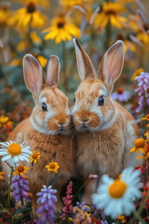 Two cute rabbits in the grass with daisies, summer flowersの素材