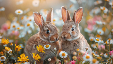 Two Easter bunnies with daisies in the meadowの素材