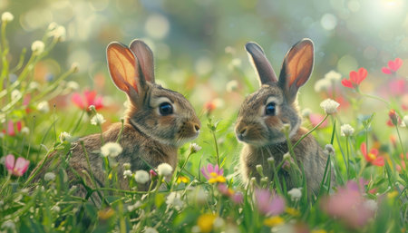 Rabbits in the meadow with flowers. Easter background.の素材