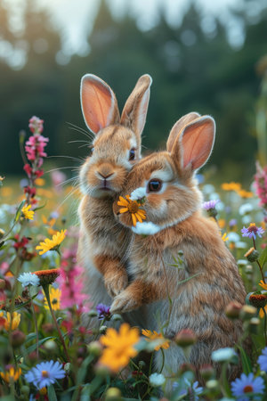 Rabbits in the meadow with flowers. Easter background.の素材