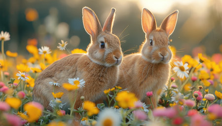 Two cute easter bunnies in the meadow with flowersの素材