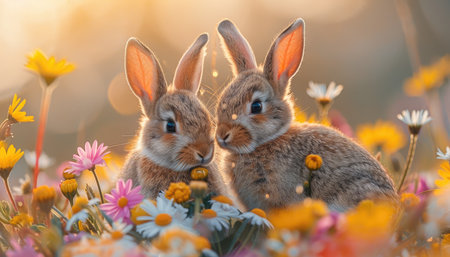 Cute easter bunnies in the meadow with flowersの素材