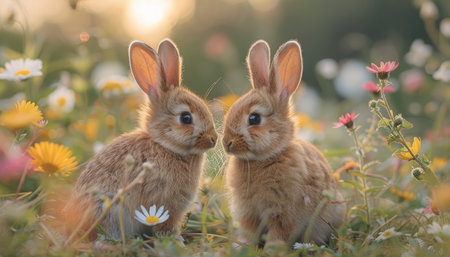 Two cute rabbits in the meadow with daisies and flowersの素材