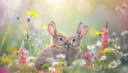 Rabbits in a meadow with flowers. Easter background.の素材