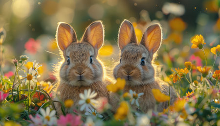 Two cute bunnies in the meadow with wildflowersの素材