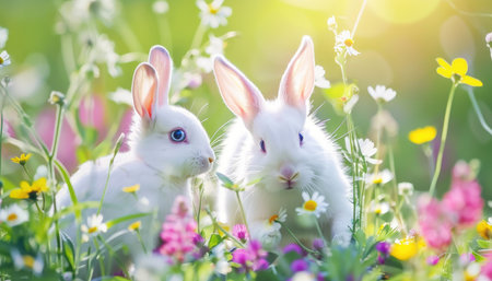 Cute white rabbits on a meadow with flowers and green grassの素材