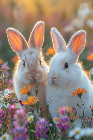 Rabbits on the meadow with flowers. Easter background.の素材