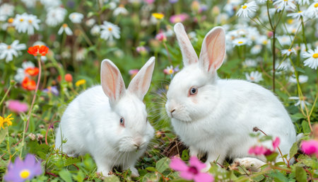 Two white rabbits on the grass with daisies in the backgroundの素材
