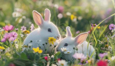 Rabbits in the grass with flowers, easter background.の素材