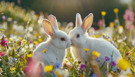 Rabbits in the meadow with flowers. Easter background.の素材