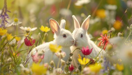 Rabbits in the meadow with flowers. Easter background.の素材
