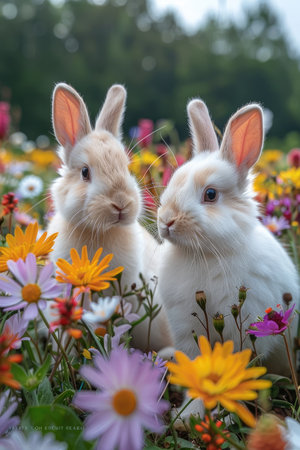 Rabbits in the flower meadow with daisies.の素材