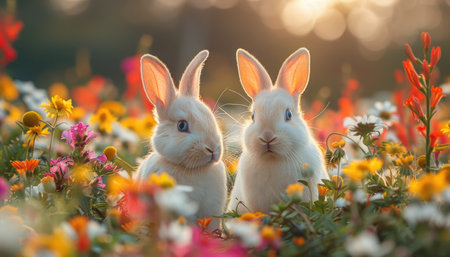 Two cute white rabbits sitting in the flower meadow at sunset.の素材