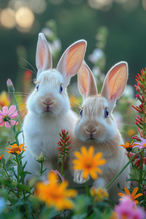 Rabbits in the meadow with flowers. Easter background.の素材