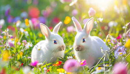Two white rabbits in the meadow with flowers. Easter background.の素材