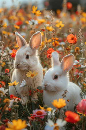 Two cute white rabbits in the meadow with flowers. Easter backgroundの素材