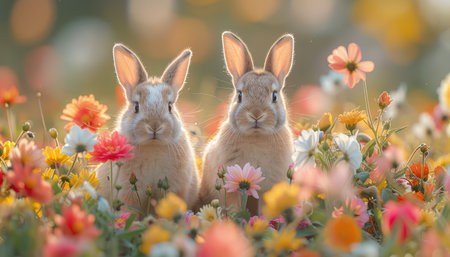 Rabbits in the meadow with flowers. Easter background.の素材