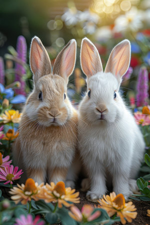 Rabbits in the flower garden. Easter bunny on nature background.の素材