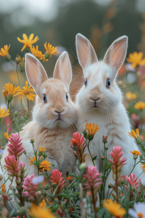 Two easter bunnies in the flower meadow with flowersの素材