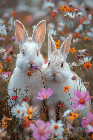 Rabbits in the meadow with flowers, retro color toneの素材