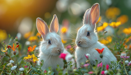 Two cute white rabbits on the meadow with flowers. Easter concept.の素材
