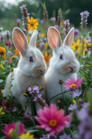 Two cute little rabbits in the meadow with flowers. Selective focus.の素材
