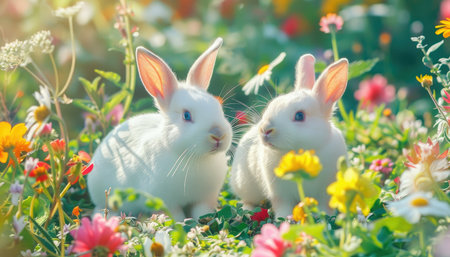 Rabbits in the meadow with flowers. Easter background.の素材
