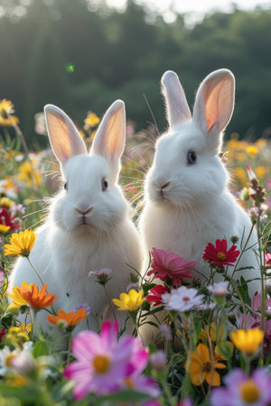 Rabbits in the meadow with daisies and flowersの素材