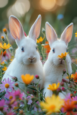 Rabbits on flower meadow, close-up, soft focusの素材