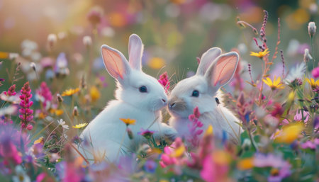 Rabbits in the meadow with colorful flowers, soft focusの素材