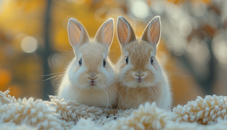 two cute rabbits on the background of the autumn forest, close-upの素材