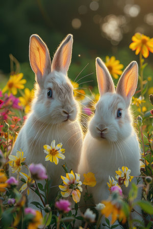 Rabbits in the meadow with flowers. Easter concept.の素材