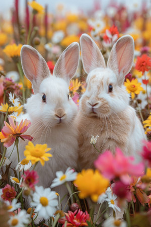 Rabbits in the field of flowers, easter background.の素材