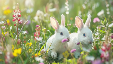 Rabbits in the meadow with flowers, spring nature backgroundの素材