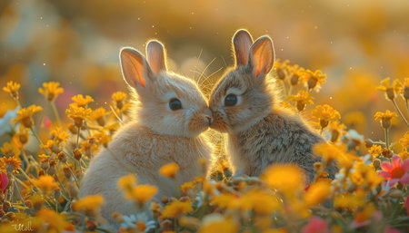 Two cute bunnies in the meadow with yellow flowers.の素材