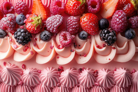 Birthday cake with berries on top, close-up, horizontalの素材